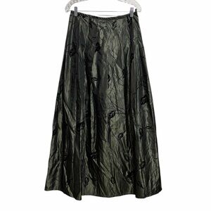 Drama 90s Olive Green Shimmer Maxi Skirt Size 6 Black Flocked Formal